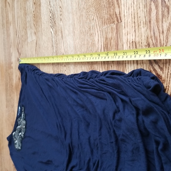 (M) Forever 21 Navy Blue Beaded Accent On Shoulder Ruched Dress 100% Rayon Shell - Picture 6 of 8